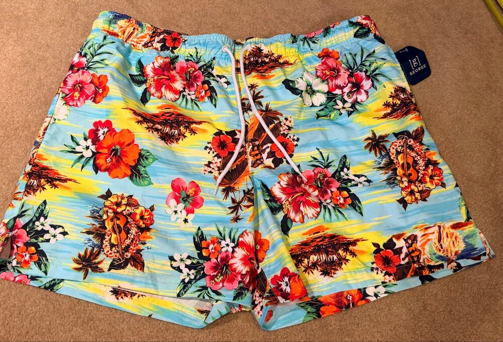 George Men's Swim Trunks Size XL 40-42 Blue Tropical Hawaiian Board Shorts